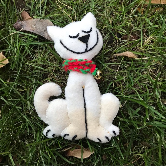 Vintage handmade Christmas teddy bear, cat, and goose ornament set - Picture 3 of 5